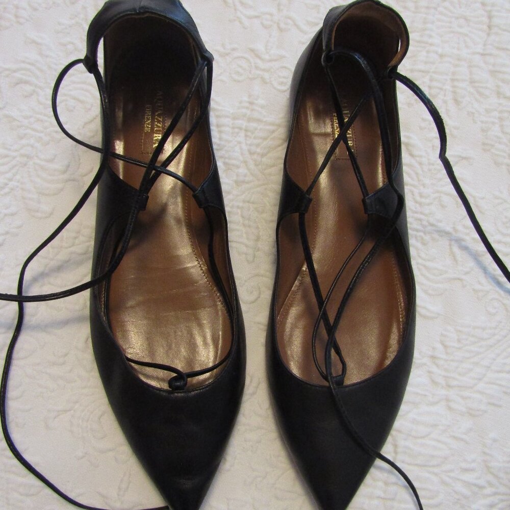 Aquazzura Christy Womens Leather Lace Up Pointed Toe Ballet Flats Black Size 10
